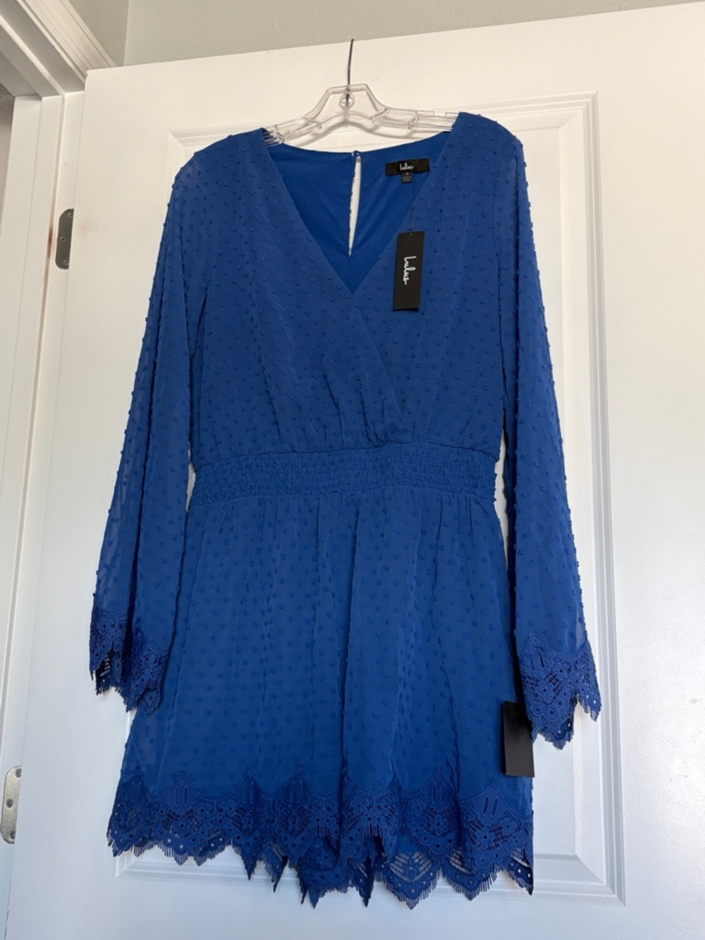 Lulu's Cobalt Blue Long-Sleeve V-Neck Lace-Trim Romper Dress NWT Size Medium NEW
